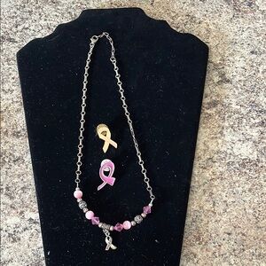 Pink Ribbon Necklace Pin Set